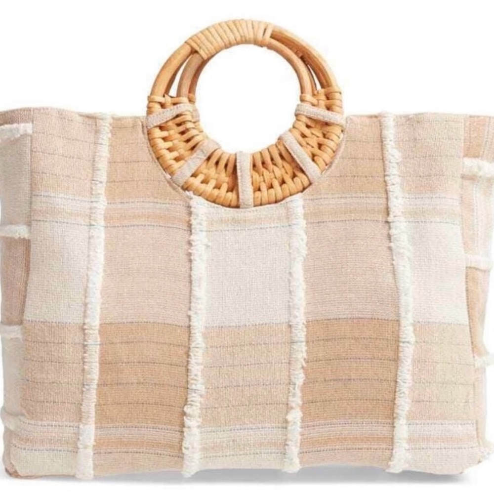 NEW w/TAGS L*Space Deep Seas Tan and White Beach Tote Bag with Bamboo Handle